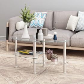 Transparent Oval Glass Coffee Table, Modern 3-Layer With Stainless Steel Leg