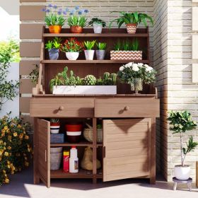 65 Inch Garden Potted Plant Workbench Table, Cedar Workbench With Storage Rack, Drawers, And Cabinets, Brown