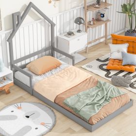 Twin House-Shaped Headboard Floor Bed With Handrails ,slats,Grey