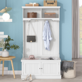 Hall Tree With Storage Shoe Bench For Entryway And Hallway, 4-in-1 Design Coat Racks With 4 Hooks For Living Room, White