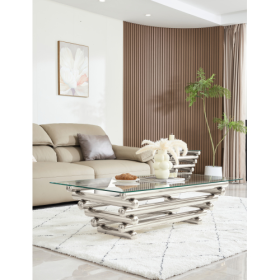 55 Rectangle Modern Stainless Steel Coffee Table, Clear Tempered Glass Table Top, Living Room Table, With Modern Style, Silver