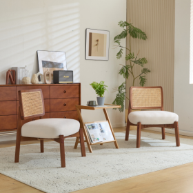 Set Of 2 Modern Beige Lounge Chair With Woven Backrest, Sturdy Wooden Frame, Minimalist And Elegant Accent Seating For Living Room, Bedroom, Or Office