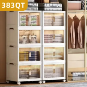 383 QT 25.6 Inch Wide Clear Door Foldable Storage Box  4-Tier Large Capacity Organizer, Easy Access, Space-Saving Foldable Design