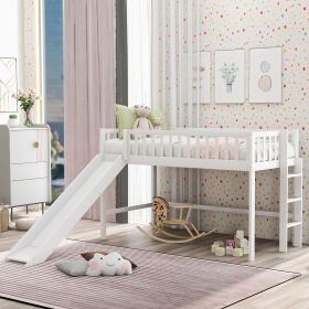 Twin Size Low Loft Bed With Ladder And Slide,White