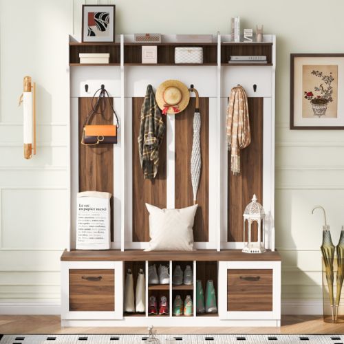 5-in-1 Entrance Bench With Coat Rack, 7 Sturdy Hooks, 2 Spacious Drawers And Adjustable Shelves, 58.8-inch Wide Coat Rack With Metal Handle, Suitable