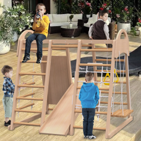 Indoor Playground 7-in-1 Jungle Gym Playset For Kids 2-6yrs - Slide, Climbing Wall, Rope Wall Climber, Monkey Bars, Swing - Waldorf And Montessori Sty