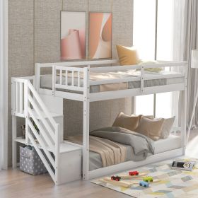 Twin Over Twin Floor Bunk Bed, Ladder With Storage, White