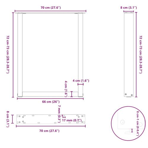 vidaXL ruokapÃ¶ydÃ¤n jalat U-muotoiset 2 kpl Musta 70x(72-73) cm TerÃ¤s