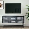 Retro Style Entertainment Center TV Console TV Stand with Enclosed Storage Display Cupboard Stylish Fluted Glass TV Table with Wide Countertop Glass D