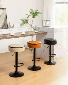 Round Storage Bar Stool Set of 2, Khaki Faux Leather Height Adjustable Barstool, 360°Counter Height Swivel Stool