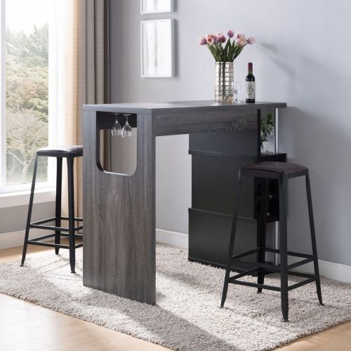 Home Bar Table with Wine Glass Compartment and Three Shelves in Distressed Grey & Black