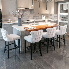 Contemporary Velvet Upholstered Wing-Back Barstools with Button Tufted Decoration and Wooden Legs, and Chrome Nailhead Trim, Leisure Style Bar Chairs