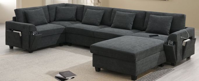 [New+Video]128*67" U Shaped Sectional Sofa,6 Seat Chenille Couch Set with Oversized Ottoman,Hidden Armrest Storage and Cup Holders,USB Charging Ports