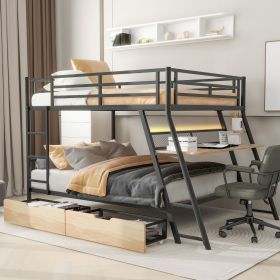 Full Size Metal Bunk Bed With Built-in Desk, Light And 2 Drawers, Black