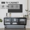 Retro Style Entertainment Center TV Console TV Stand with Enclosed Storage Display Cupboard Stylish Fluted Glass TV Table with Wide Countertop Glass D