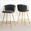 Modern design High stool Gold Plated legs Kitchen Dining Dark grey linen bar chair, suitable for Cafe Bar Restaurant (set of 2)