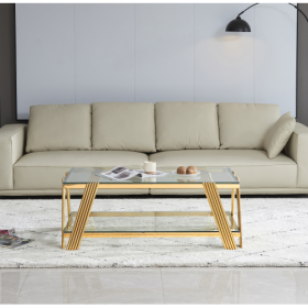 47 Wide Rectangle Modern Stainless Steel Coffee Table, Double-Layer Clear Tempered Glass Coffee Table, Center Table With Storage, For Living Room Home (Color: Gold)