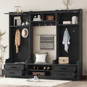4-in-1 Detachable Hall Tree With Storage And 7 Hooks, Multiple Functions Hallway Coat Rack With Storage Drawers And Cabinet, Black Shoe Bench For Entr (Color: Black)