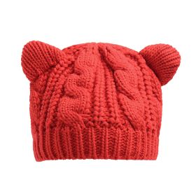 Hand Made 3D Cute Knitted Cat Ear Beanie For Winter (Color: Red)