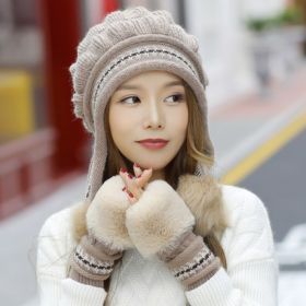 Cozy Knit Fleece-Feel Beanie With Ear Flaps & Pompom Warm Winter Hat For Women Perfect For Skiing & Outdoor Activities (Option: Grey-With gloves)