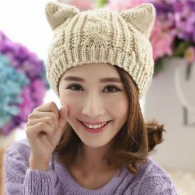 Hand Made 3D Cute Knitted Cat Ear Beanie For Winter (Color: Beige)