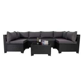 7 Pieces Outdoor Rattan Patio Sectional Set, Black Wicker Furniture Conversation Sets With Washable Cushions & Glass Coffee Table For Garden, Poolside (Option: Black Gray)