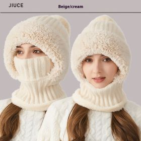 High Elastic Solid Color Knitted Hat Scarf Mask One-piece (Color: Beige)