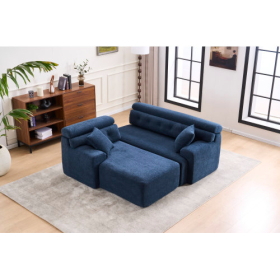 LY-029B WHITE COMPRESSION SOFA Combining Chaise Longue With 3-seater  Wood Grain Chenille Fabric, Full Sponge Compression Sofa,combined Sofa With 2 Pi (Option: Antique Blue)