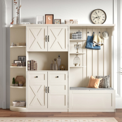 Multifunctional Left-right Combination Hall Cabinet  Can Be Used Separately  With Storage And 4 Hooks, Storage Cabinet Hall Tree 2 In 1 For Living Roo (Color: Beige)