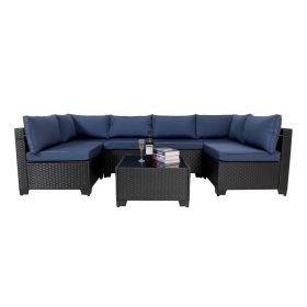 7 Pieces Outdoor Rattan Patio Sectional Set, Black Wicker Furniture Conversation Sets With Washable Cushions & Glass Coffee Table For Garden, Poolside (Option: Black Blue)