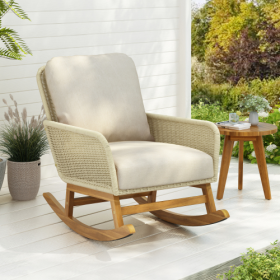 Contemporary Minimalist Ivory Wicker Rocking Chair With Soft Polyester Cushions And Durable Wooden Frame, Perfect For Indoor And Outdoor Spaces Like P (Option: Ivory-1pcs)