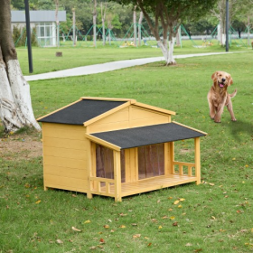 Dog House, Waterproof Dog Cage Kennel, Wooden Outdoor And Indoor Dog House, Raised Pet Kennel For Medium Dogs, Log Cabin Style With Porch,Elevated Flo (Option: Natural)