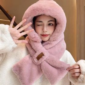 Cycling Cold Protection Ear Protection Fleece-lined Warm Hat All-match Scarf (Option: Leather Tag Plush Bonnet Pink-Free Size)
