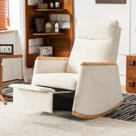 Accent Rocking Chair With Footrest High Back Rubber Wood Rocking Legs Bedroom Living Space 38.6D X 26.8W X 40.6H Inch (Color: Beige)