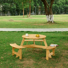 Outdoor 6 Person Picnic Table, 6 Person Round Picnic Table With 3 Built-in Benches, Umbrella Hole, Outside Table And Bench Set For Garden, Backyard, P (Option: Natural)