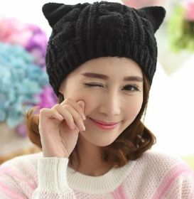 Hand Made 3D Cute Knitted Cat Ear Beanie For Winter (Color: Black)