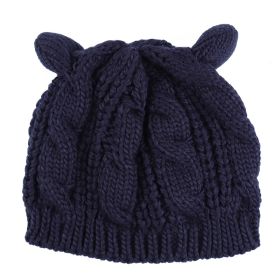 Hand Made 3D Cute Knitted Cat Ear Beanie For Winter (Color: Dark Blue)