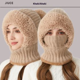 High Elastic Solid Color Knitted Hat Scarf Mask One-piece (Color: Khaki)