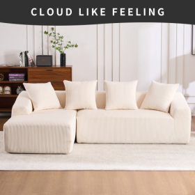 LY-023 WHITE COMPRESSION SOFA Combining Chaise Longue With 3-seater, Corduroy Fabric, Full Sponge Compression Sofa,combined Sofa With 4 Pillows For Li (Color: White)