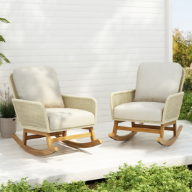 Contemporary Minimalist Ivory Wicker Rocking Chair With Soft Polyester Cushions And Durable Wooden Frame, Perfect For Indoor And Outdoor Spaces Like P (Option: Ivory-2pcs)
