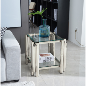20 Inch Square End Table, Modern Stainless Steel End Table, Double-Layer Clear Tempered Glass Coffee Table, Side Table With Storage, For Living Room H (Color: Silver)