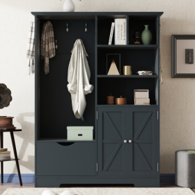 Multi-functional Hall Tree With Storage Shelves Drawers And Cabinet, Elegant Hallway Shoe Cabinet With Bench, Modern Coat Rack With Hooks For Hallway (Option: Antique Blue)