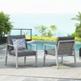 Gray Aluminum Lounge Chair With Sleek Rope Accents And Comfortable Cushions, Perfect For Modern Outdoor And Indoor Spaces (Option: SilverWhite-2pcs)