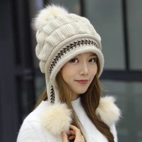 Cozy Knit Fleece-Feel Beanie With Ear Flaps & Pompom Warm Winter Hat For Women Perfect For Skiing & Outdoor Activities (Option: Beige-Hat)