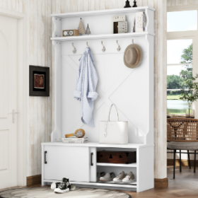 Hall Tree With Top Shelf And Storage Bench, Hallway Shoe Cabinet With Sliding Doors, Coat Rack With 5 Hanging Hooks For Entryways Hallways (Option: Off White)