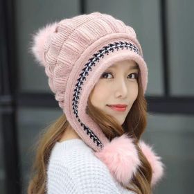 Cozy Knit Fleece-Feel Beanie With Ear Flaps & Pompom Warm Winter Hat For Women Perfect For Skiing & Outdoor Activities (Option: Pink-Hat)