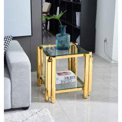 20 Inch Square End Table, Modern Stainless Steel End Table, Double-Layer Clear Tempered Glass Coffee Table, Side Table With Storage, For Living Room H (Color: Gold)
