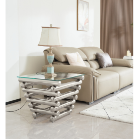 24 Square Modern Stainless Steel End Table, Clear Tempered Glass End Side Table, Living Room Coffee Table, With Modern Style, Silver (Color: Silver)