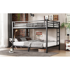 Metal Queen Over Queen Bunk Bed For Teens And Adults,Space Saving Noise Reduced No Box Spring Needed, Black (Color: Black)