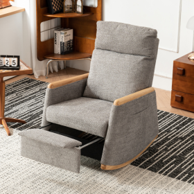 Accent Rocking Chair With Footrest High Back Rubber Wood Rocking Legs Bedroom Living Space 38.6D X 26.8W X 40.6H Inch (Color: grey)
